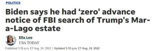 拜登称事先对FBI搜查特朗普海湖庄园一事“完全不知情”。图片来源：今日美国报道截图