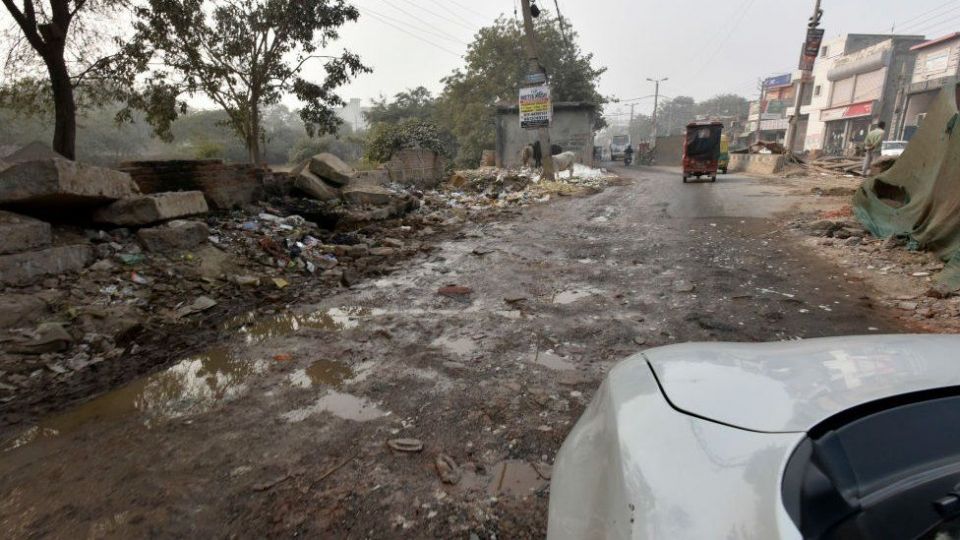 A view of bad road of Sultanpuri to Kanjhawala where the woman's scooter was found
