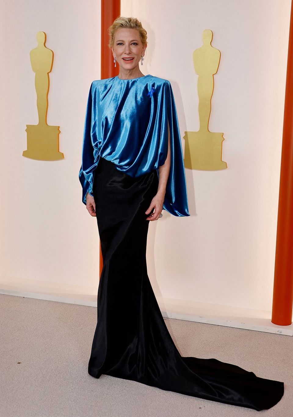 2023 年 3 月 12 日，在美国加利福尼亚州洛杉矶好莱坞举行的第 95 届奥斯卡颁奖典礼上，凯特·布兰切特 (Cate Blanchett) 在香槟色红地毯上摆姿势
