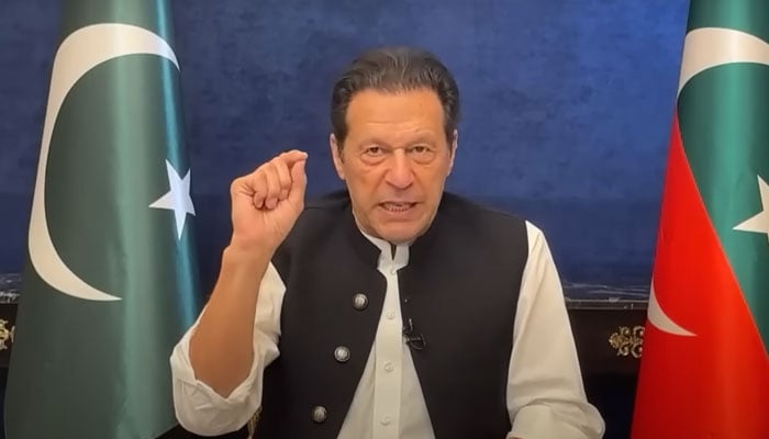 PTI chief Imran Khan addressing the nation through a video link on April 5, 2023. Screengrab of a YouTube video.