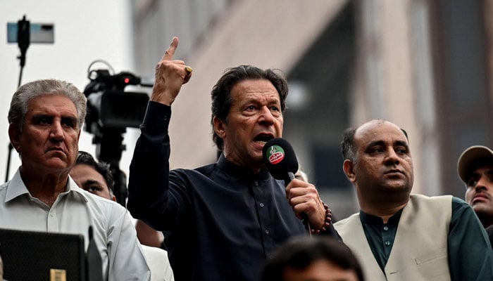 An undated image of PTI Chairman Imran Khan addressing a public gathering. — AFP/File