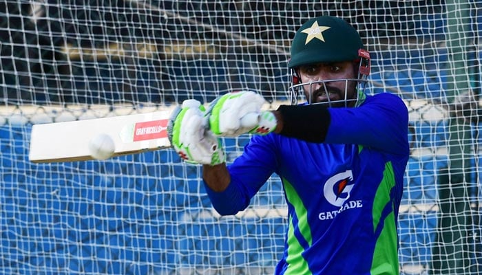Pakistans cricketer Babar Azam plays a shot during a practice session at the National cricket stadium in Karachi on May 2, 2023, ahead of their third one day international (ODI) cricket match against New Zealand. — AFP