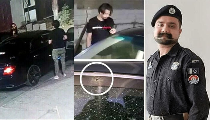 Stills taken from CCTV footages show an altercation between policeman Abdul Rehman and suspect Khurram Nisar — GeoNews