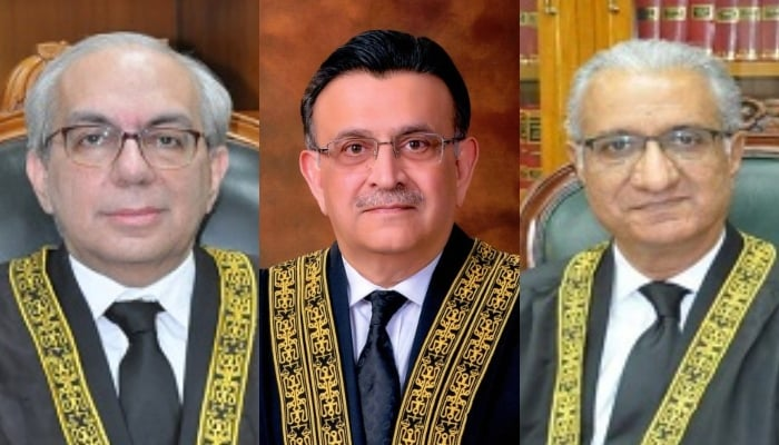 Justice Munib Akhtar (left), CJP Umar Ata Bandial and Justice Ijazul Ahsan (right). — Supreme Court website