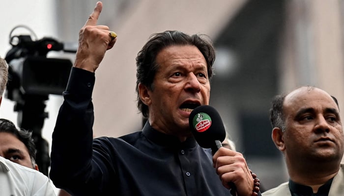 PTI Chairman Imran Khan speaks during a rally in this undated image. — AFP/File