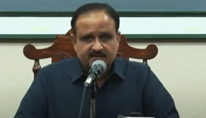 Punjab former chief minister Usman Buzdar addresses a press conference in Lahore, on June 2, 2023, in this still taken from a video. — YouTube/GeoNews