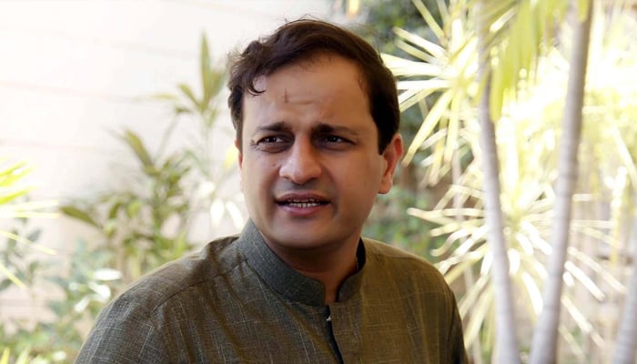 Barrister Murtaza Wahab addresses media persons during a press conference at the Sindh Assembly building in Karachi on May 12, 2023. — PPI