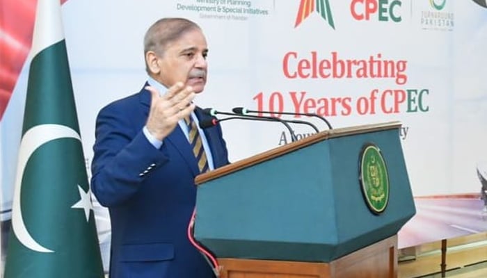 Prime Minister Shehbaz Sharif addressing a ceremony commemorating the 10th anniversary of CPEC agreement on Wednesday, July 5. — Twitter/@PTVNewsOfficial