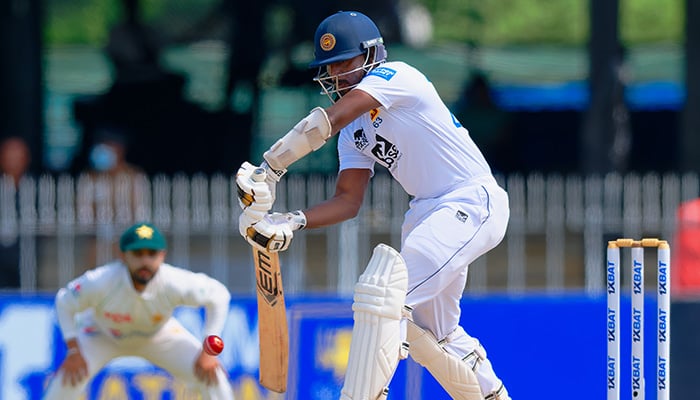Sri Lankas Nishan Madushkahits a shot during the second Test against Pakistan, on July 27, 2023. — Twitter/@TheRealPCB
