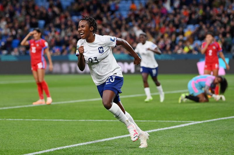 France's Vicki Becho celebrates after scoring her team's sixth goal against Panama on August 2. France won 6-3 to advance to the knockout stage. 