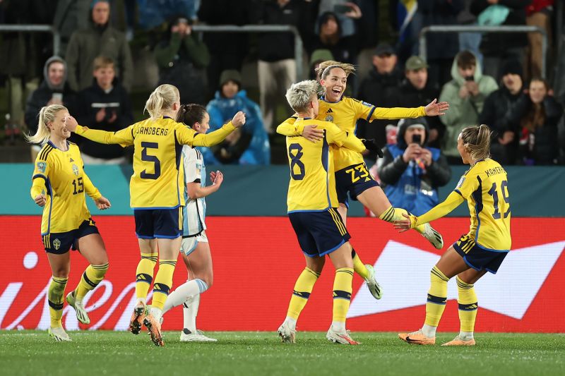 Sweden's Elin Rubensson celebrates after scoring from the penalty spot against Argentina on August 2. <a href="https://www.cnn.com/2023/08/02/football/sweden-south-africa-italy-womens-world-cup-2023-spt-intl/index.html" target="_blank">Sweden won 2-0</a>.
