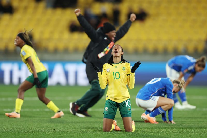 South Africa's Linda Motlhalo celebrates her team's <a href="https://www.cnn.com/2023/08/02/football/sweden-south-africa-italy-womens-world-cup-2023-spt-intl/index.html" target="_blank">3-2 win over Italy</a> on August 2. It was South Africa's first-ever win at a Women's World Cup, and it helped them clinch a spot in the next round. Italy was eliminated with the loss.