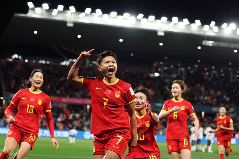 China's Wang Shuang celebrates after scoring against Haiti on Friday, July 28. <a href="https://www.cnn.com/2023/07/28/sport/china-womens-soccer-team-ambitions-wwc-intl-hnk-spt/index.html" target="_blank">China won 1-0</a>.