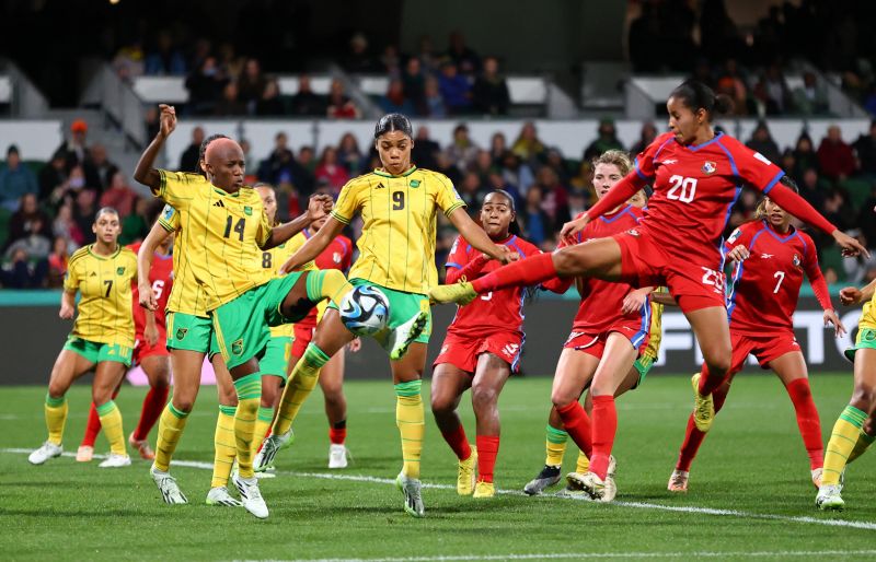 Panama's Aldrith Quintero, right, reaches for the ball in front of Jamaica's Deneisha Blackwood and Kameron Simmonds on Saturday, July 29. <a href="https://www.cnn.com/2023/07/29/football/jamaica-panama-womens-world-cup-2023-spt-intl/index.html" target="_blank">Jamaica won 1-0</a>. It was Jamaica's first-ever win at a Women's World Cup.