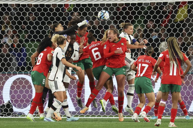 Moroccan goalkeeper Khadija Er-Rmichi tries to punch the ball away during a match against Germany on July 24. <a href="https://edition.cnn.com/2023/07/23/football/brazil-germany-panama-morocco-womens-world-cup-2023-spt-intl/index.html" target="_blank">Germany dominated Morocco 6-0</a> in what was the biggest scoreline of the tournament so far.