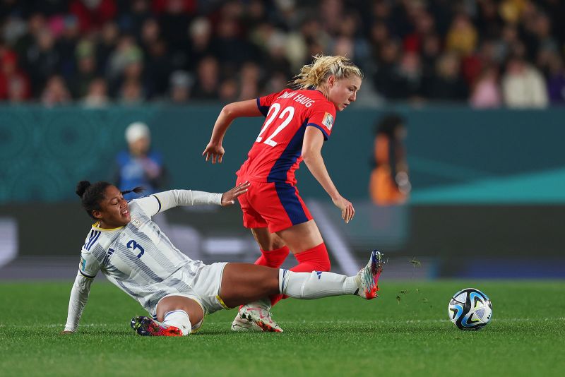 Norway's Sophie Roman Haug is challenged by Jessika Cowart.