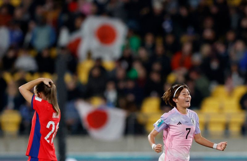 Hinata Miyazawa celebrates Japan's first goal against Norway.