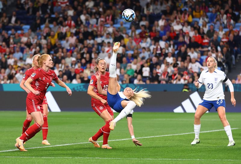 England's Chloe Kelly attempts a bicycle kick versus Denmark on July 28. <a href="https://www.cnn.com/2023/07/27/football/england-argentina-china-womens-world-cup-spt-intl/index.html" target="_blank">England won 1-0</a>.