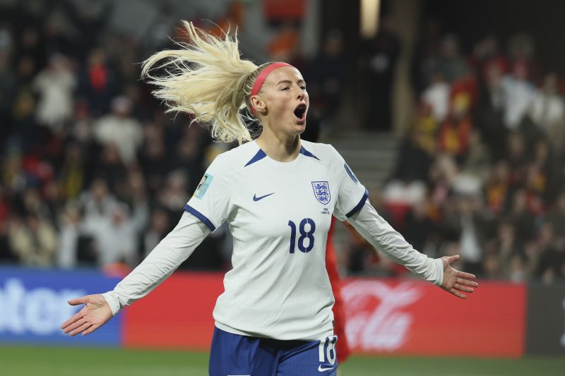 England's Chloe Kelly celebrates after scoring against China on Tuesday, August 1. <a href="https://www.cnn.com/sport/live-news/uswnt-portugal-group-stage-womens-world-cup-08-01-23/h_986c8e469f4fb778cf1e325cdfb2fc90" target="_blank">England won 6-1</a> to advance to the tournament's round of 16.