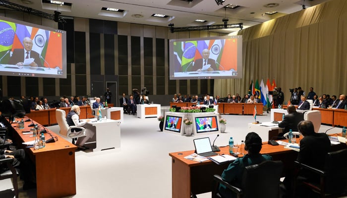 This photograph taken on August 23, 2023, shows delegates listening to Russias President Vladimir Putin as he delivers his remarks via a video link during the 2023 BRICS Summit in Johannesburg. — AFP