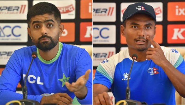 Captains of Pakistan and Nepal cricket team Babar Azam and Rohit Kumar Paudel speak during a press conference on the eve of their Asia Cup cricket match at the Multan Cricket Stadium in Multan on August 29, 2023. —AFP