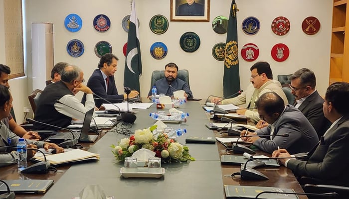 This picture released on August 31, 2023, shows The caretaker Federal Interior Minister, Sarfaraz Bugti presiding over a meeting. — X/@PakSarfrazbugti