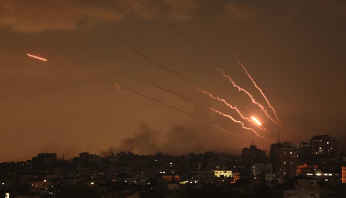 A salvo of rockets was fired by Palestinian militants from Gaza towards Israel on October 10, 2023.— AFP