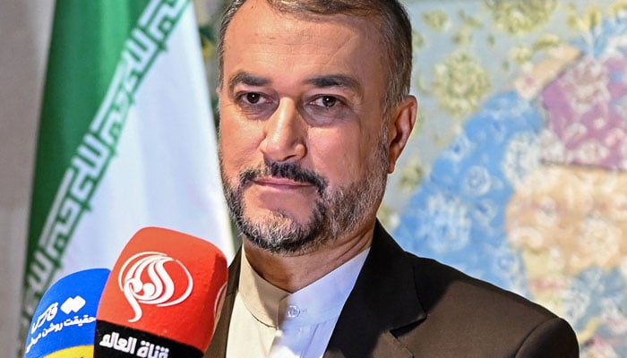 Iranian Foreign Minister Hossein Amir-Abdollahian speaks during a press conference following a meeting with his Omani counterpart, in Muscat on June 21, 2023.