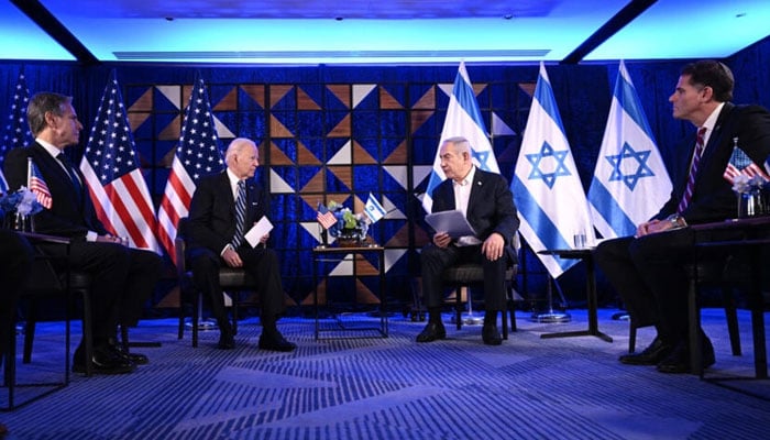 US Secretary of State Antony Blinken listens on as US President Joe Biden and Israels Prime Minister Benjamin Netanyahu wait to make statements before a meeting in Tel Aviv. AFP