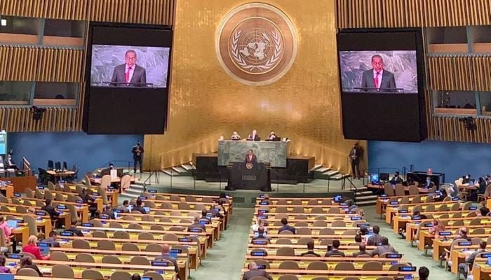 Pakistans Permanent Representative to the United Nations, Munir Akram, introduces resolution to the UN General Assembly. — Radio Pakistan