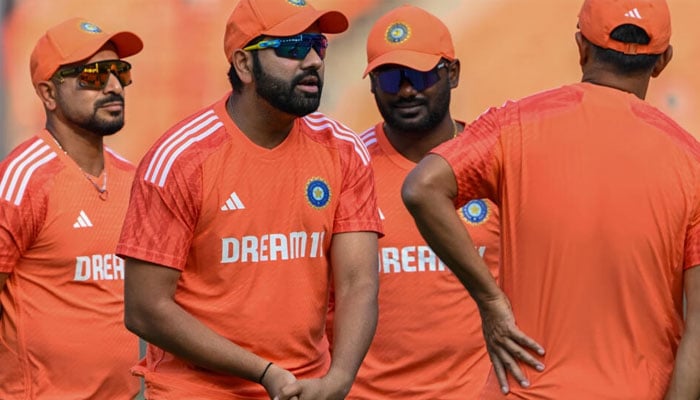 In charge: India captain Rohit Sharma at practice. —AFP File