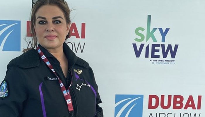 The image released on Nov 15, 2023 shows Namira Salim, the first Pakistani space traveler at Dubai Air show. —x/namirasalim