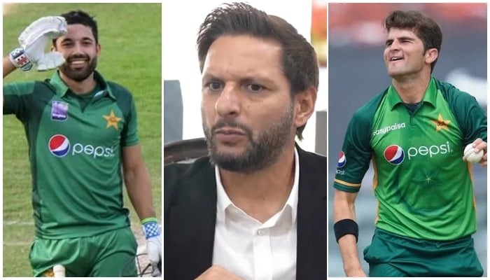 (L-R) Pakistan wicketkeeper-batter Mohammad Rizwan, former skipper Shahid Afridi and left-arm quick Shaheen Shah Afridi. — AFP/X/File