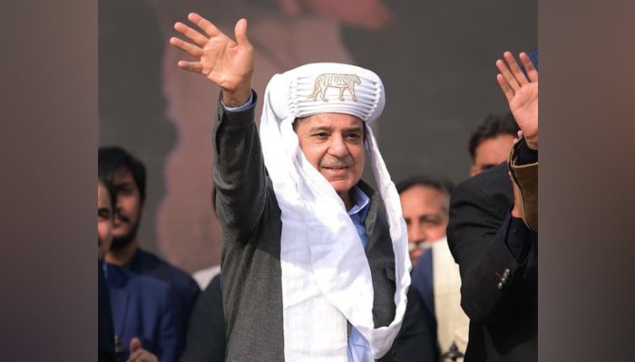 Former Prime Minister and Pakistan Muslim League Nawaz (PMLN) President Shehbaz Sharif waves to party supporters and workers in a public gathering at Rajanpur on January 29, 2024. — Facebook/Mian Shehbaz Sharif