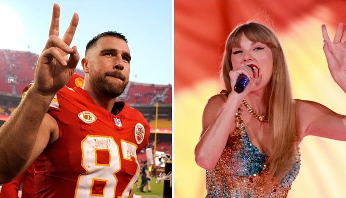 Taylor Swift at The Eras Tour and Travis Kelce at a Kansas City Chiefs match. — Ed Zurga/Michael Tran/AFP/File