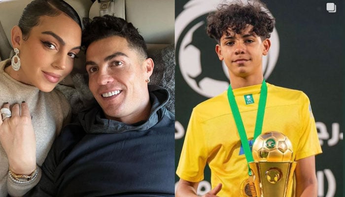 Cristiano Ronaldo with Georgina Rodriguez. Cristiano Ronaldo Jr holds winning trophy for Al Nassr. — Instagram/@georginagio