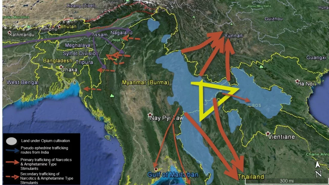 Map shows flow of drugs to Bangladesh from the Golden Triangle via Northeast India