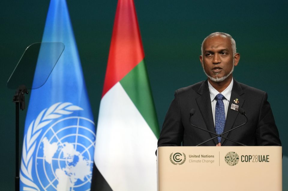 Maldives President Mohamed Muizzu speaks during a plenary session at the COP28 U.N. Climate Summit, Friday, Dec. 1, 2023, in Dubai, United Arab Emirates. (AP Photo/Rafiq Maqbool)