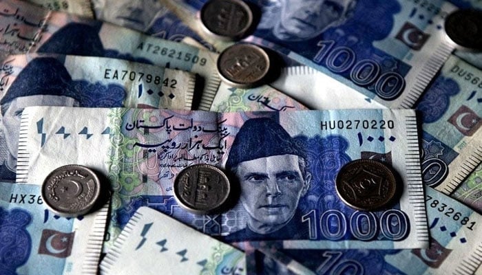 Pakistani currency notes of Rs1000 and Rs5 coins can be seen in this picture. — AFP/File