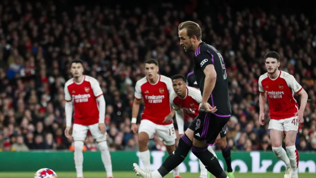 Harry Kane gives Bayern Munich the lead during Tuesday’s Champions League quarter final first leg away to Arsenal Photo: AFP