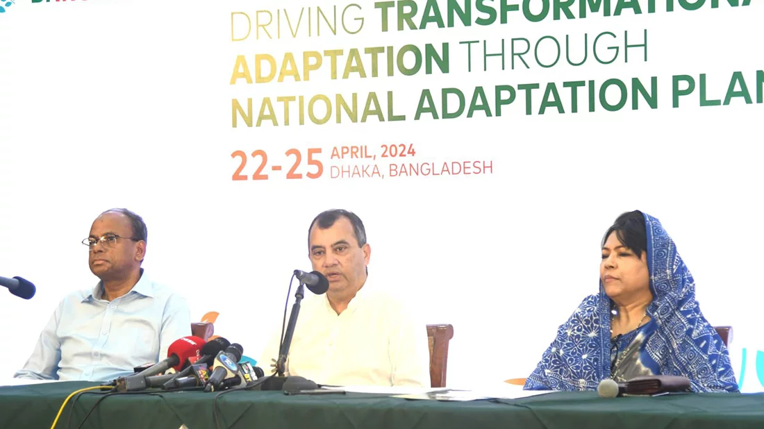 Environment, Forest and Climate Change Minister Saber Hossain Chowdhury speaks at a press conference at Bangabandhu International Conference Centre (BICC) in Dhaka on Sunday, April 21, 2024. Photo: Courtesy