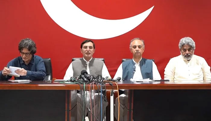 (From left to right) PTI spokesperson Raoof Hasan, Chairman Gohar Ali Khan, Secretary General Omar Ayub Khan, and SIC Chairman Sahibzada Hamid Raza address a press conference in Islamabad on April 22, 2024, in this still taken from a video. — Facebook/@PTIOfficial