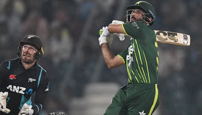 Pakistan batter Fakhar Zaman smashes Ish Sodhi for a six early on his innings, Pakistan vs New Zealand, 4th T20I, Lahore, April 25, 2024. — AFP