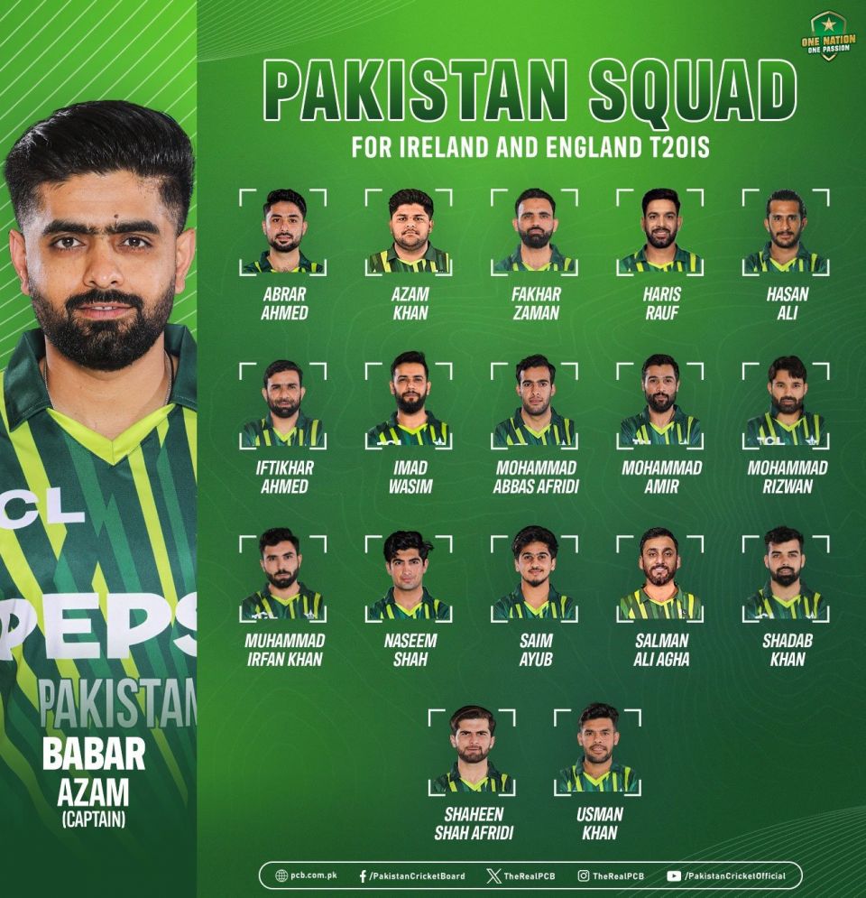 Pakistans squad for Ireland, England tours. — X/@TheRealPCB