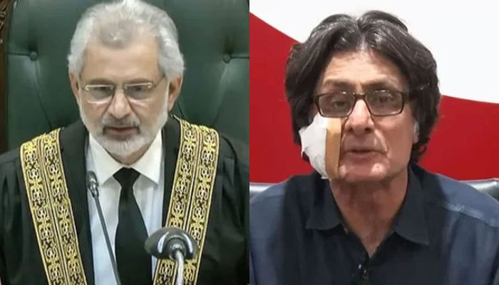 This combo shows CJP Qazi Faez Isa (left) and PTI spokesman Raoof Hasan. — Screengrab via Geo News/File