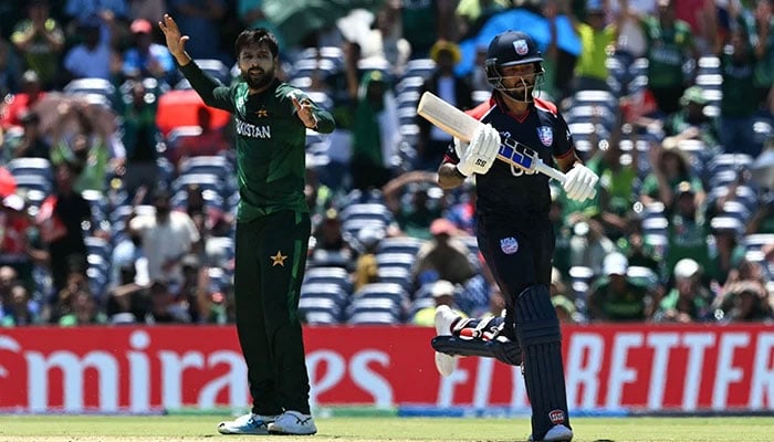 Pakistans Mohammad Amir unsuccessfully calls a leg before wicket against US Nitish Kumar during the T20 World Cup 2024 match, USA vs Pakistan, Grand Prairie Cricket Stadium, Texas, June 6, 2024. — AFP