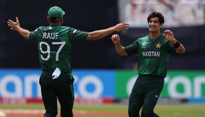 Pakistans Naseem Shah celebrates with Haris Rauf after taking the wicket of Indias Shivam Dube Nassau County International Cricket Stadium, New York, United States on June 9, 2024. — Reuters