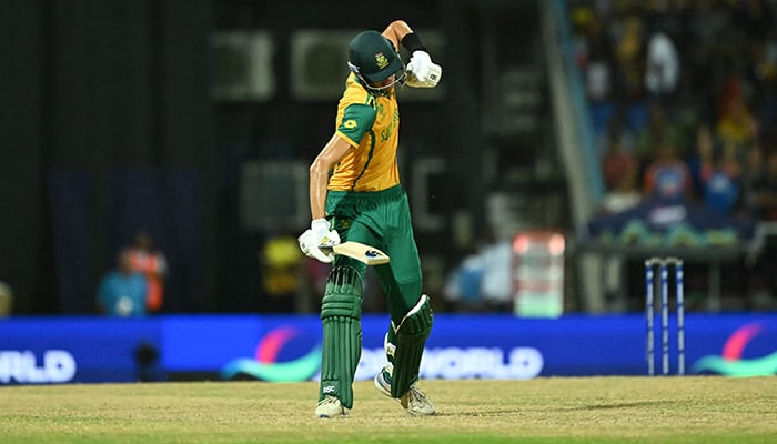 South Africas Marco Jansen celebrates winning the match after hitting a six during the T20 World Cup 2024 Super Eight cricket match between West Indies and South Africa at Sir Vivian Richards Stadium in North Sound, Antigua and Barbuda on June 23, 2024. — AFP