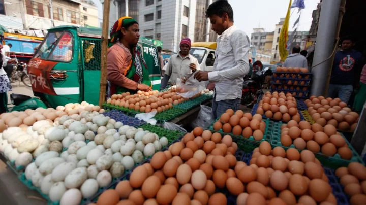 A woman and a man engaging in a transaction involving eggs. Photo: Mahmud Hossain Opu/Dhaka Tribune