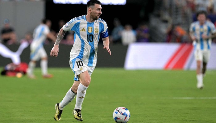 Argentina’s forward #10 Lionel Messi controls the ball during the Conmebol 2024 Copa America tournament semi-final football match between Argentina and Canada at MetLife Stadium, in East Rutherford, New Jersey on July 9, 2024. — AFP